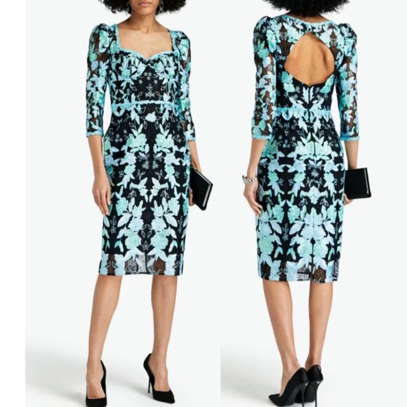 Marchesa Notte Embroidered Sheath Dress green black size 10 C8 - Picture 1 of 7